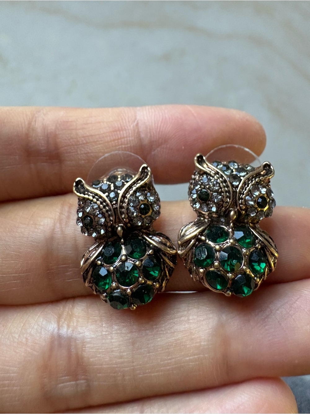 Vintage-Inspired Green Crystal Owl Stud Earrings